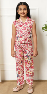 Sleeveless Pink White Floral Cotton Coord Set